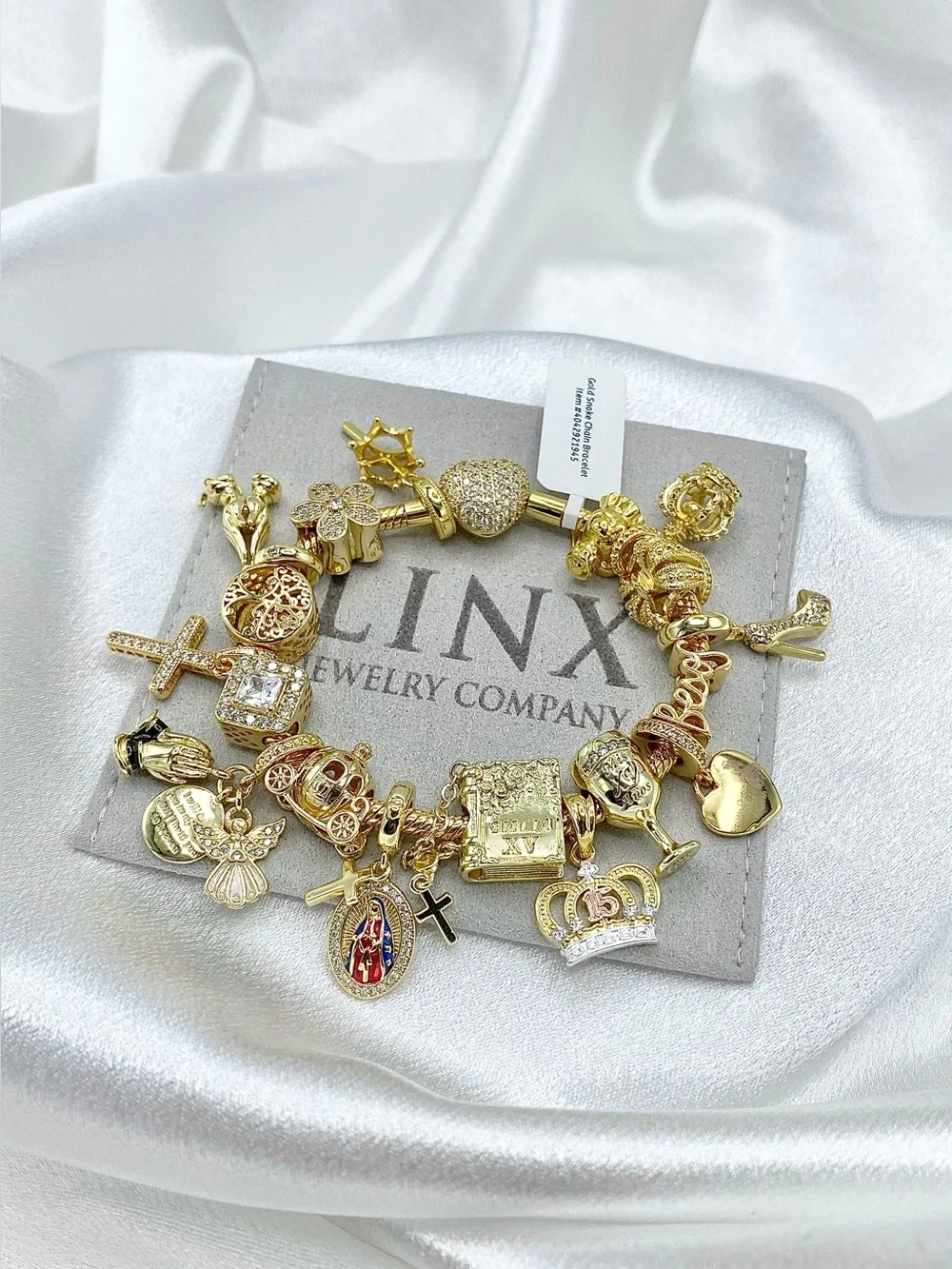 Linx Gold Snake Chain Charm Bracelet with Religious Quinceanera Themed Charms